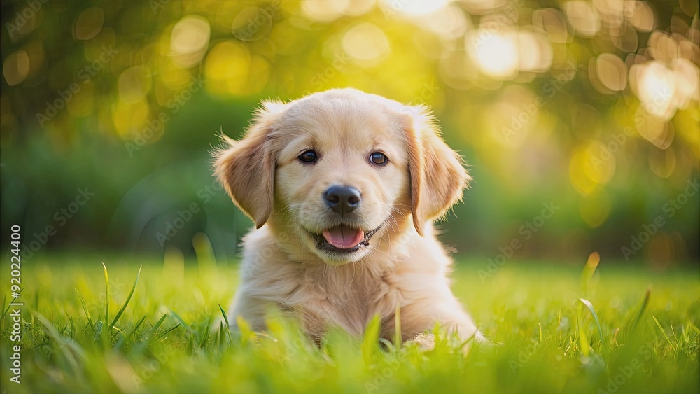 Fototapeta premium Adorable golden retriever puppy playing in the grass, golden retriever, puppy, dog, pet, cute, young, animal, playful, fluffy