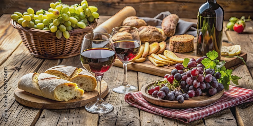 A rustic table setting with a delicious supper spread of bread, wine, and grapes , supper, bread, wine, grapes, table, setting A rustic table setting with a delicious supper spread of bread, wine, and grapes , supper, bread, wine, grapes, table, setting