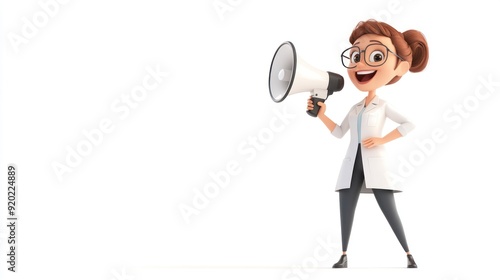 3D Cartoon Woman Doctor Holding Megaphone.