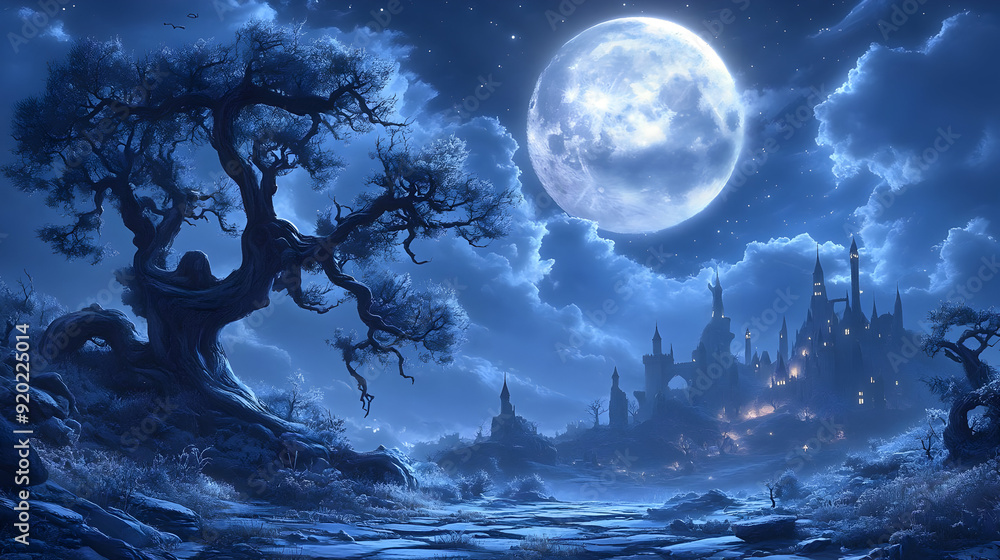 A mystical landscape featuring a large moon, dark trees, and a distant castle under a night sky. A mystical landscape featuring a large moon, dark trees, and a distant castle under a night sky.