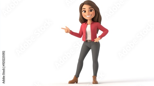 Smiling cartoon woman in red jacket and grey jeans points to the left.