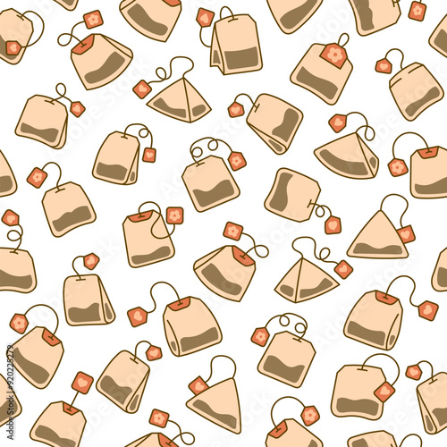 Bag of tea. Seamless pattern. Breakfast. Hand drawn style. Vector drawing. Design ornaments.