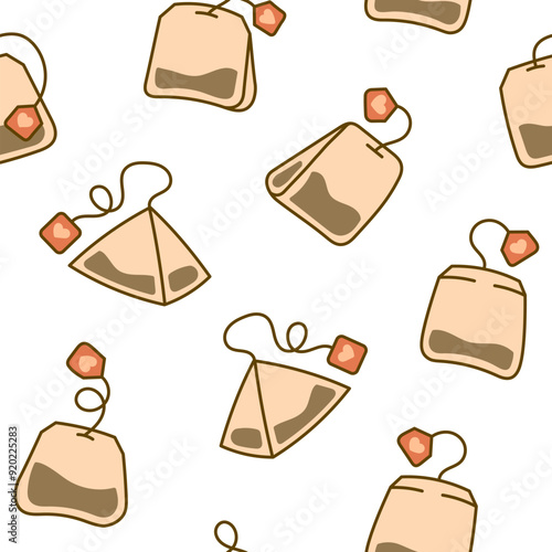 Bag of tea. Seamless pattern. Breakfast. Hand drawn style. Vector drawing. Design ornaments.