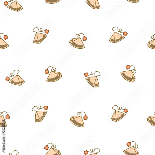 Bag of tea. Seamless pattern. Breakfast. Hand drawn style. Vector drawing. Design ornaments.