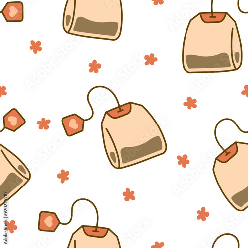 Bag of tea. Seamless pattern. Breakfast. Hand drawn style. Vector drawing. Design ornaments.