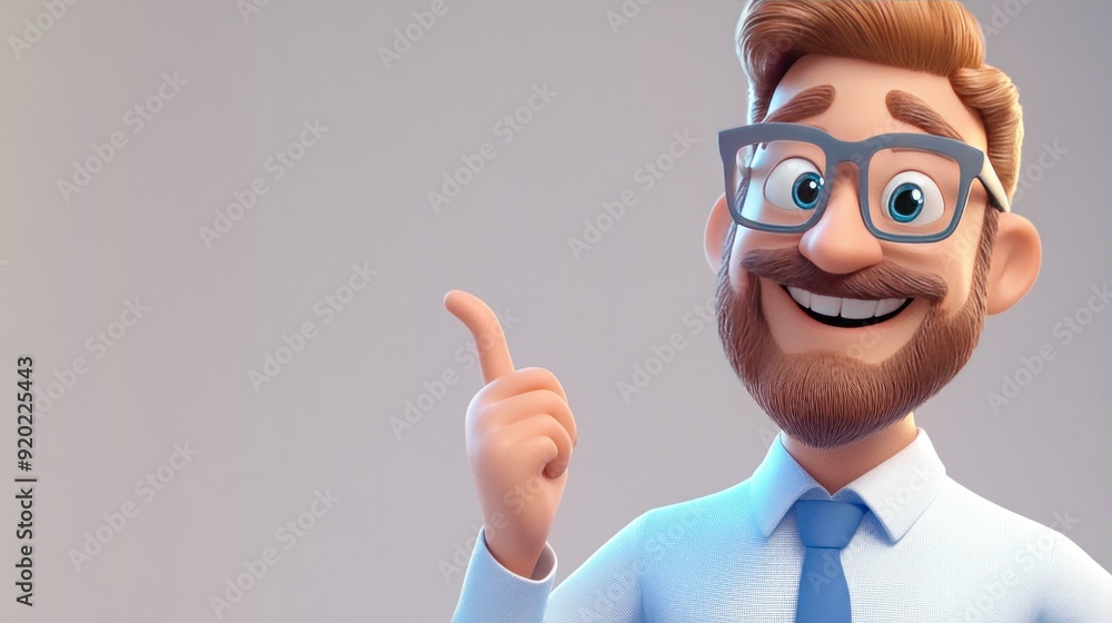 Smiling cartoon man with glasses, pointing finger to the side. Smiling cartoon man with glasses, pointing finger to the side.