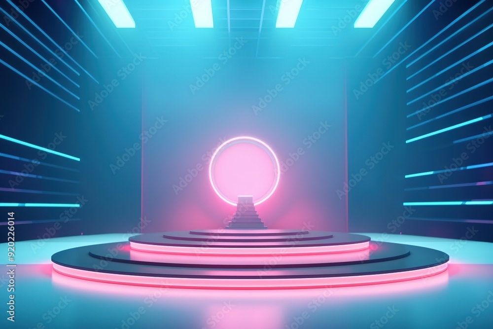 Futuristic neon blue and pink podium with glowing lights. Futuristic neon blue and pink podium with glowing lights.