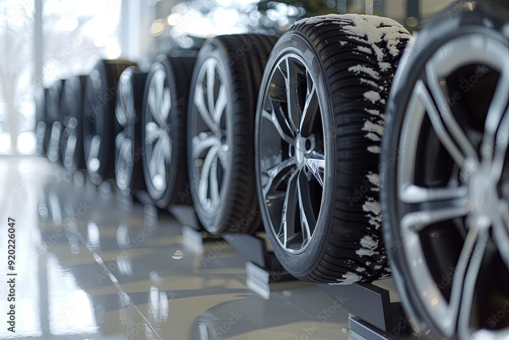 Fototapeta premium Set of tires for different seasons displayed in a showroom