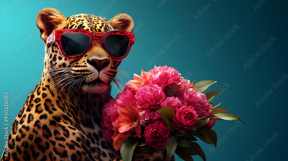 Fototapeta premium A stylish leopard wearing sunglasses holds a bouquet of flowers against a vibrant background.