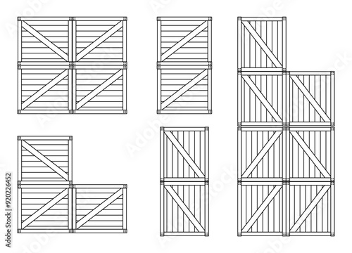 Wooden crates stacked in various positions. Line drawing of a box-shaped package container for securing soft goods. Goods storage box for logistics shipping transportation. Vector illustration