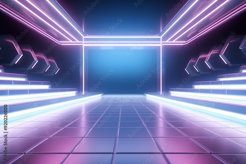 Futuristic neon lit hallway with tiled floor and geometric shapes. Futuristic neon lit hallway with tiled floor and geometric shapes.