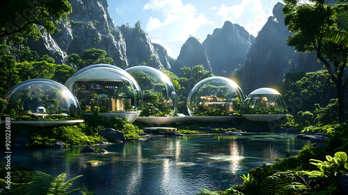 Futuristic eco-homes nestled in a lush landscape with mountains and a tranquil lake.