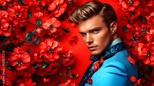 A stylish man poses against a vibrant backdrop of red flowers, showcasing fashion and elegance.