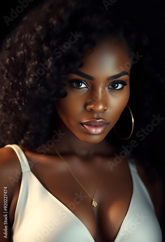 Elegant Woman with Long Curly Hair in Dramatic Lighting