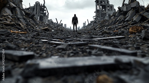 A lone survivor standing amidst the ruins of a collapsed city, symbolizing resilience in the face of catastrophic calamity