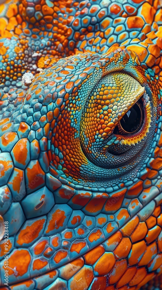 Fototapeta premium A colorful lizard blends into its environment with striking blue and orange patterns under the sunlight