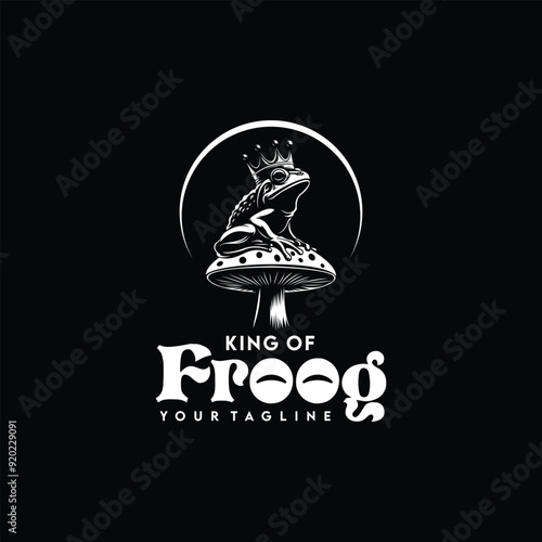 silhouette logo illustration of frog king character sitting on mushroom