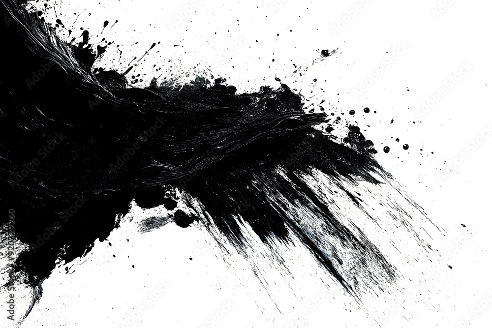 Dynamic black ink splatter on a white background, creating a bold contrast with sweeping strokes and scattered droplets Dynamic black ink splatter on a white background, creating a bold contrast with sweeping strokes and scattered droplets