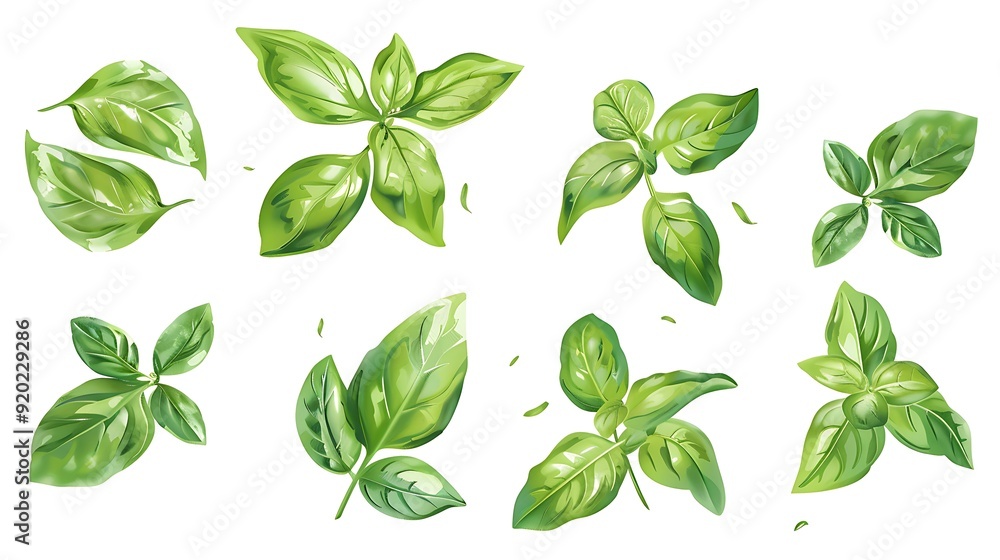 Basil leaf flat lay on white background. Green basil leaves collection Basil leaf flat lay on white background. Green basil leaves collection