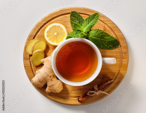 A cup of hot herbal tea (ginger, mint, cinamon, lemon) with white background. 