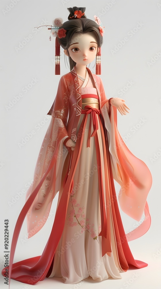 Adorable 3D game character of a beautiful woman in traditional Hanfu, featuring her Asian heritage against a white background. This charming design embodies the spirit of cultural richness, making it Adorable 3D game character of a beautiful woman in traditional Hanfu, featuring her Asian heritage against a white background. This charming design embodies the spirit of cultural richness, making it