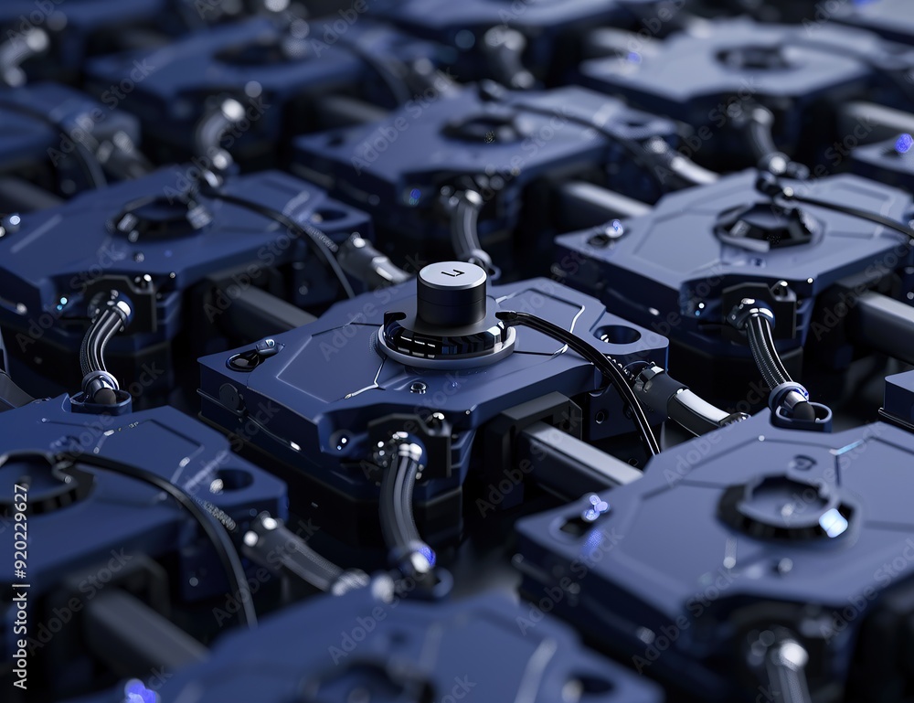 A close up of an array of blue mechanical nodes on the surface, A close up of an array of blue mechanical nodes on the surface,