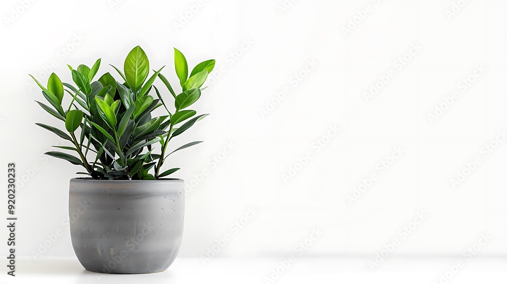 Green Plant in a Grey Pot Against a White Wall Green Plant in a Grey Pot Against a White Wall