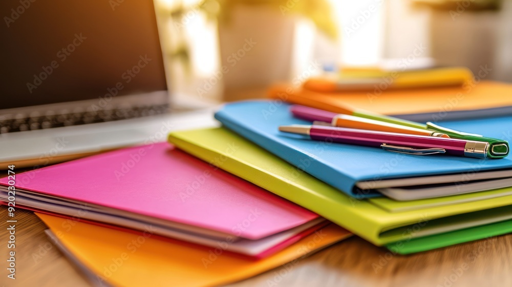 Stack of colorful notebooks with pens on a wooden table. Stack of colorful notebooks with pens on a wooden table.