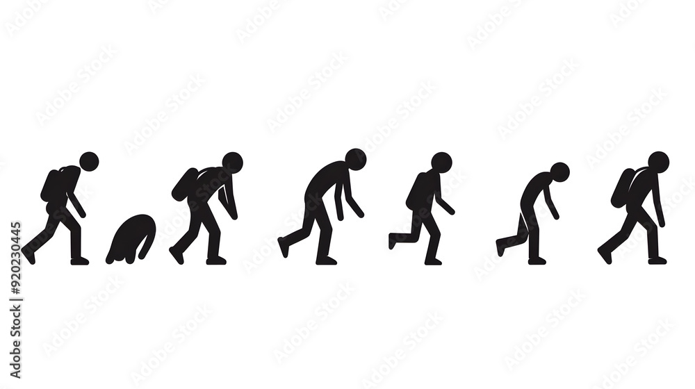 A sequence illustrating the evolution of human-like figures with backpacks. A sequence illustrating the evolution of human-like figures with backpacks.