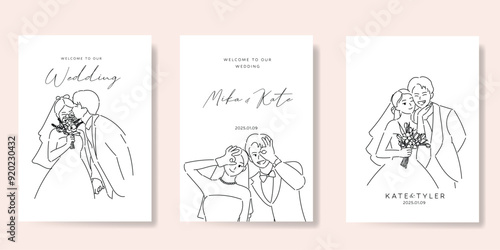 Elegant wedding invitation card background vector. Minimal hand drawn bride and groom in black line art. Design for wedding, vip cover template, rsvp modern card, poster.