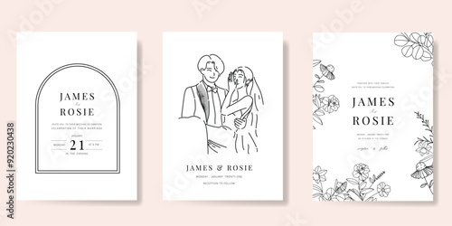 Elegant wedding invitation card background vector. Minimal hand drawn bride,  groom and flower in black line art. Design for wedding, vip cover template, rsvp modern card, poster.