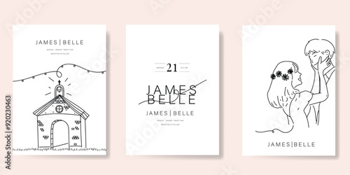 Elegant wedding invitation card background vector. Minimal hand drawn bride,  groom and church in black line art. Design for wedding, vip cover template, rsvp modern card, poster.
