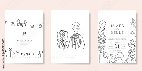 Elegant wedding invitation card background vector. Minimal hand drawn bride,  groom, flower and bird in black line art. Design for wedding, vip cover template, rsvp modern card, poster.