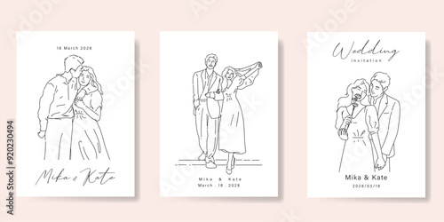 Elegant wedding invitation card background vector. Minimal hand drawn bride and groom in black line art. Design for wedding, vip cover template, rsvp modern card, poster.