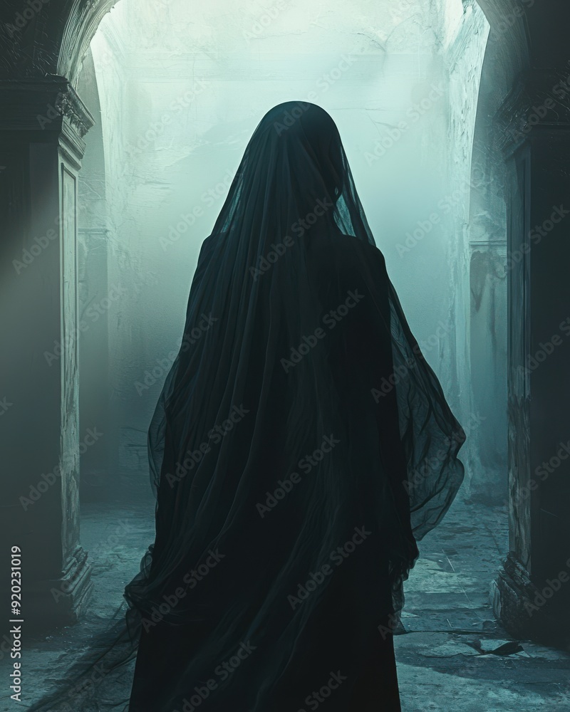 A mysterious figure draped in dark fabric stands in a foggy, ancient corridor, evoking a sense of intrigue and mystique. A mysterious figure draped in dark fabric stands in a foggy, ancient corridor, evoking a sense of intrigue and mystique.