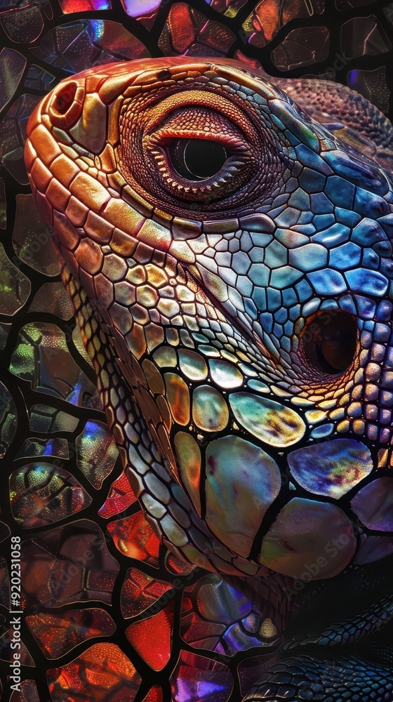 A lizard's head displays vibrant colors and striking patterns under unique lighting, highlighting its detailed texture and features A lizard's head displays vibrant colors and striking patterns under unique lighting, highlighting its detailed texture and features