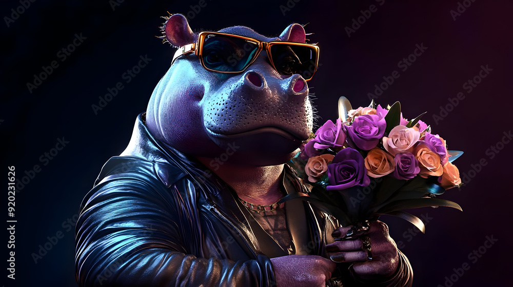 A hippo wearing sunglasses and a leather jacket holds a bouquet of roses. A hippo wearing sunglasses and a leather jacket holds a bouquet of roses.