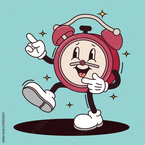 Funny cartoon character of Alarm Clock Pointing. Can be used as Sticker, posters, prints. The comic elements in trendy retro cartoon style. Vector illustration