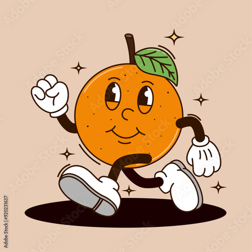 Funny cartoon character of Orange running. Can be used as Sticker, posters, prints. The comic elements in trendy retro cartoon style. Vector illustration