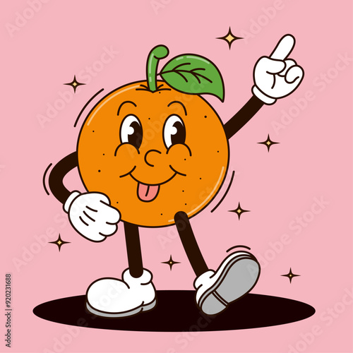 Funny cartoon character of Orange. Can be used as Sticker, posters, prints. The comic elements in trendy retro cartoon style. Vector illustration