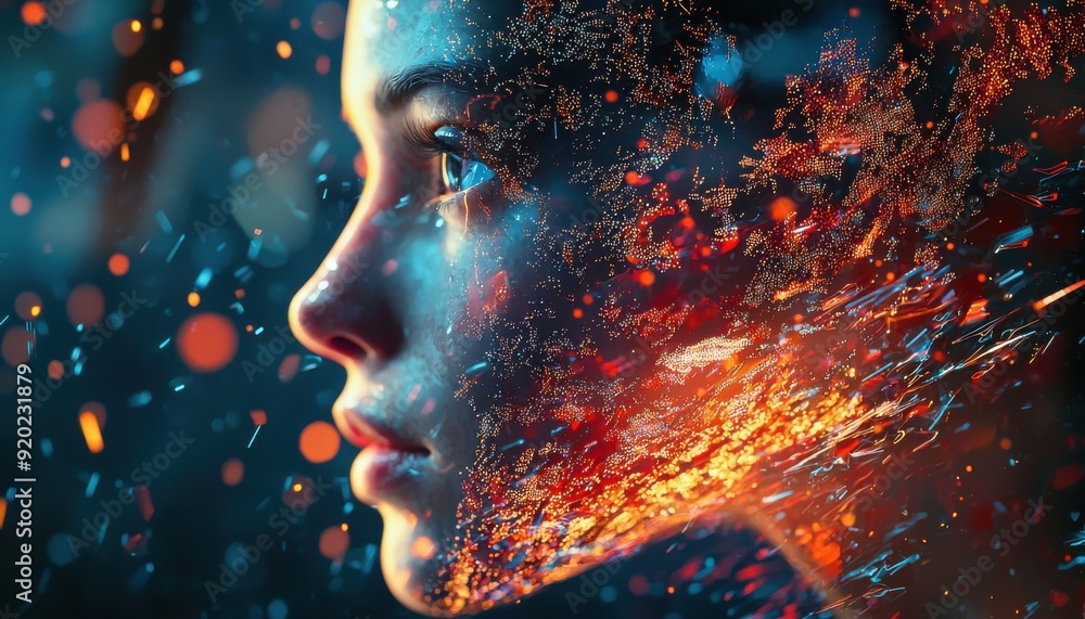 A stunning profile of a woman intertwined with vibrant colors and sparkles, representing imagination and creativity. A stunning profile of a woman intertwined with vibrant colors and sparkles, representing imagination and creativity.
