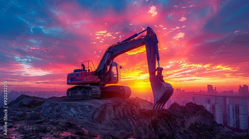 Silhouetted Backhoe on a Vibrant Sunset Hill with Cityscape Backdrop Silhouetted Backhoe on a Vibrant Sunset Hill with Cityscape Backdrop