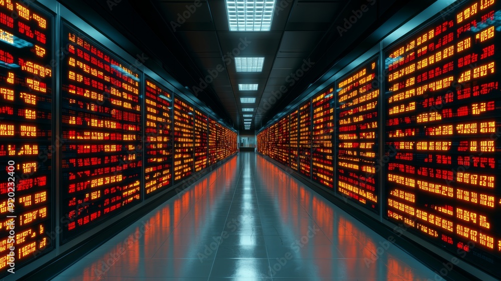 A futuristic server room illuminated by vibrant screens showcasing intricate data patterns and glowing lights. A futuristic server room illuminated by vibrant screens showcasing intricate data patterns and glowing lights.