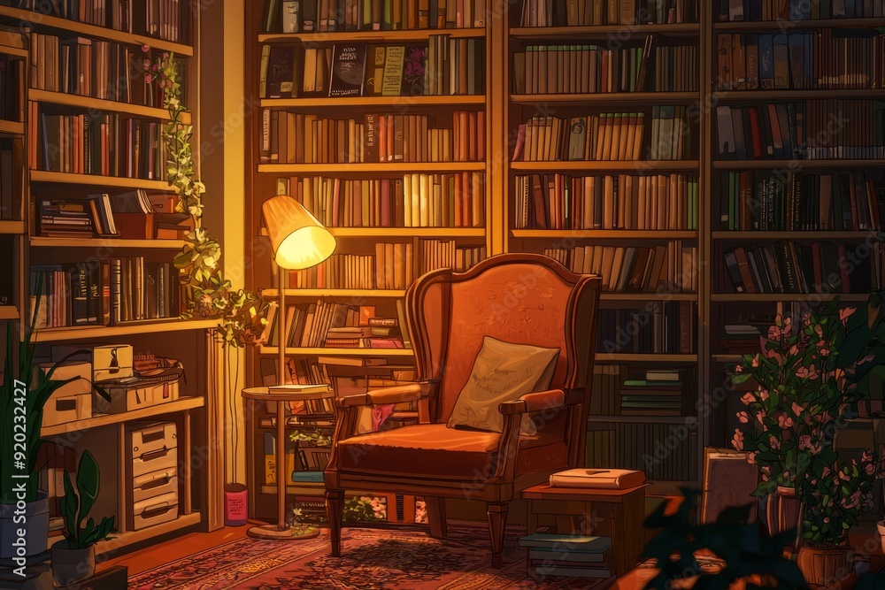 A study nook in a library with a comfortable chair and a stack of books under warm lighting The ambiance is cozy vibe, Generative AI A study nook in a library with a comfortable chair and a stack of books under warm lighting The ambiance is cozy vibe, Generative AI