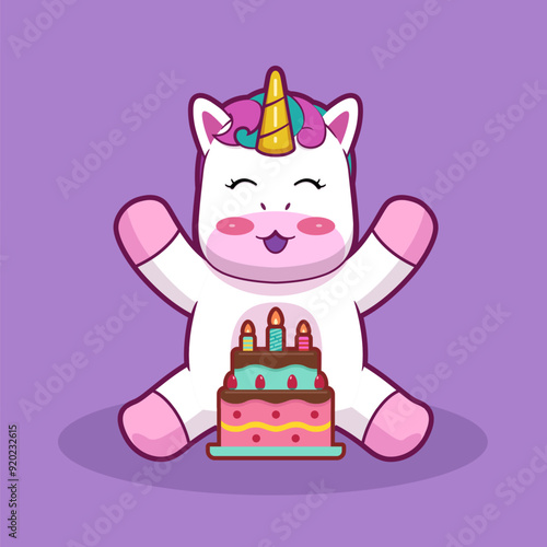 A Unicorn Cartoon Charater with Birthday Cake.