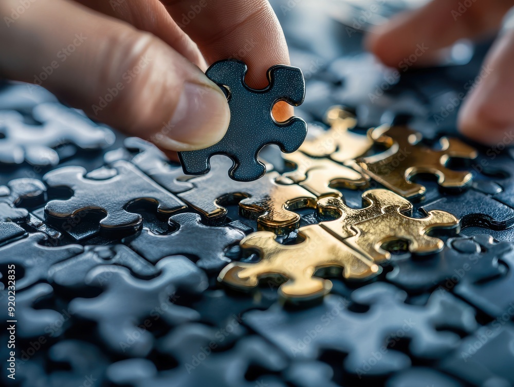 Close-up of a hand placing a puzzle piece into a colorful puzzle, emphasizing concentration and problem-solving skills. Close-up of a hand placing a puzzle piece into a colorful puzzle, emphasizing concentration and problem-solving skills.