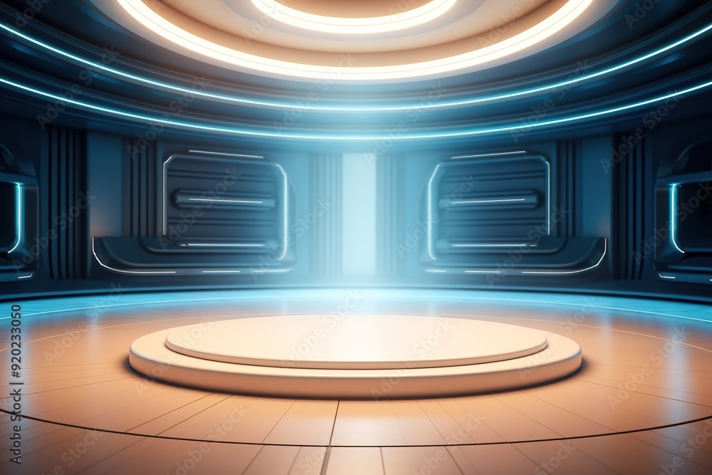 Futuristic podium with glowing neon lights. Futuristic podium with glowing neon lights.