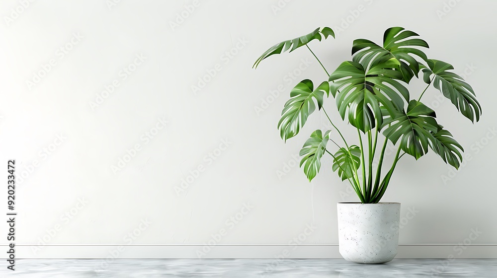 Monstera Deliciosa in a White Pot Against a Minimalist White Wall Monstera Deliciosa in a White Pot Against a Minimalist White Wall