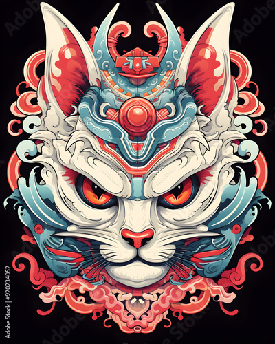 Japanese kitsune mask head aggressive expression illustration