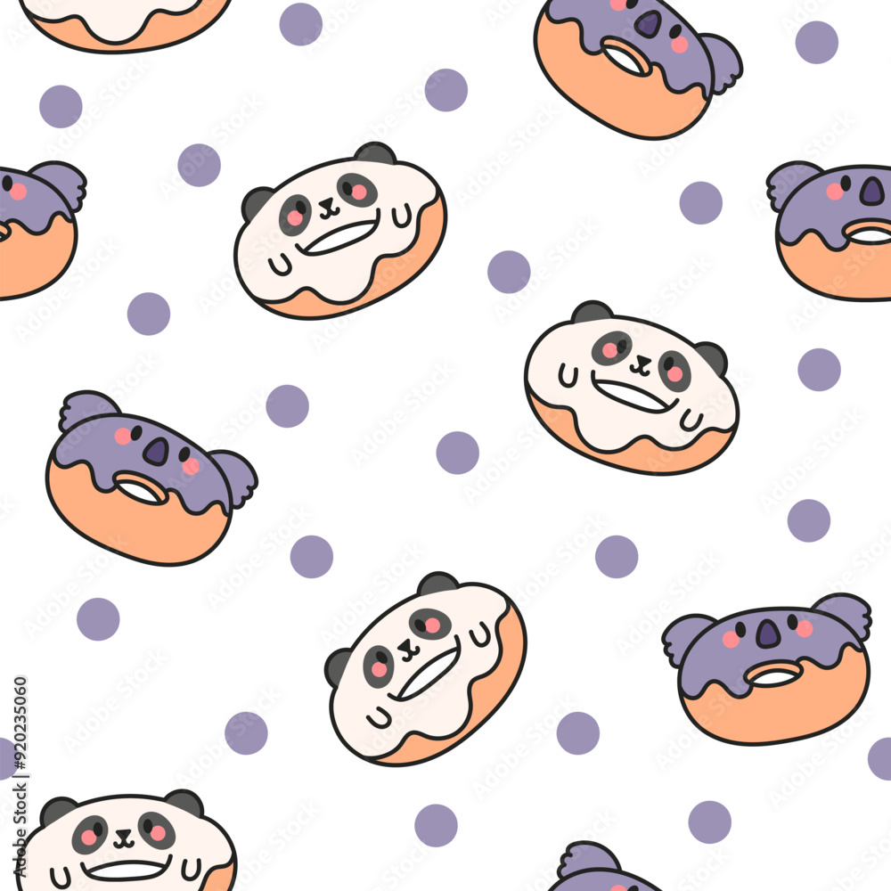 Cute kawaii donut with animal face. Seamless pattern. Cartoon funny food. Hand drawn style. Vector drawing. Design ornaments. Cute kawaii donut with animal face. Seamless pattern. Cartoon funny food. Hand drawn style. Vector drawing. Design ornaments.